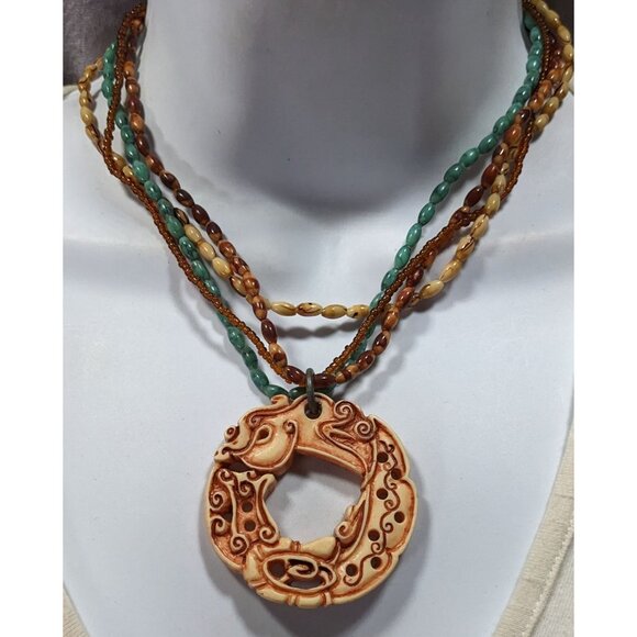 Vintage Tribal Style Brown And Blue Beaded Pendant Necklace - Picture 4 of 6